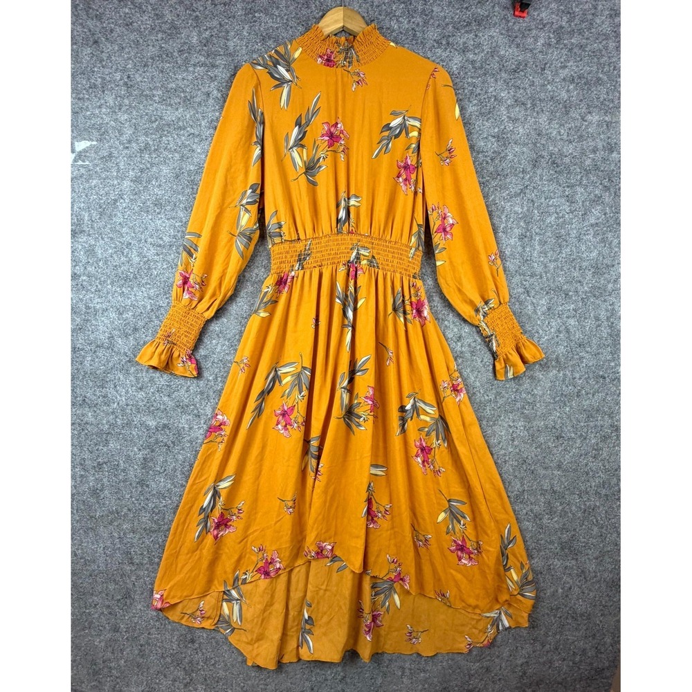 Nanette Lepore Dress Womens 10 Yellow Floral Smocked High Low Cottage Peasant